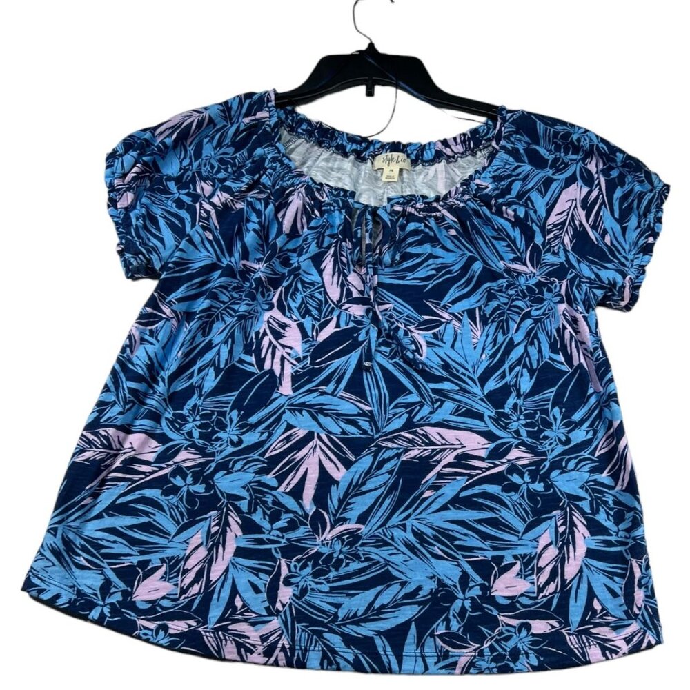 Style and Co Blouse Womens size Small Petite  Blue Tropical Print  New